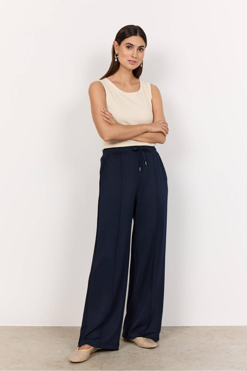 Marineblauw dames Soyaconcept Wide leg high waist casual broek blauw van modal met elastische tailleband met koord en effen