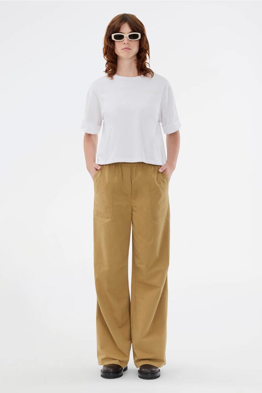 Witte dames Modström T-shirt van katoen met effen, korte mouwen en ronde hals