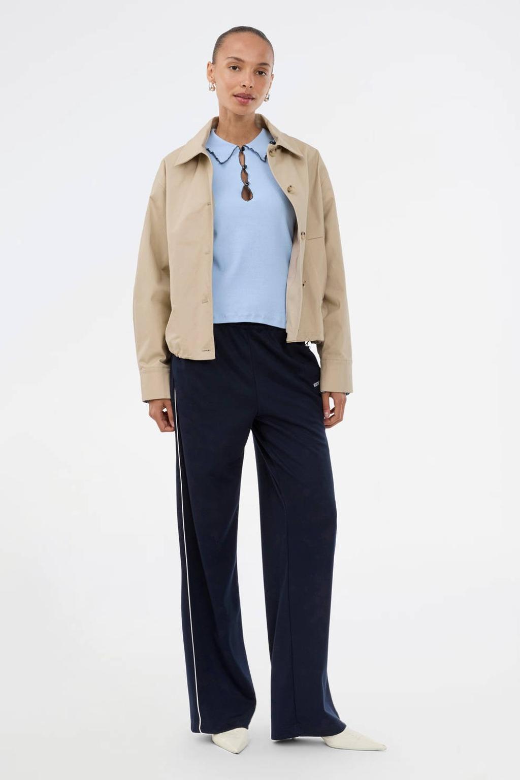 Donkerblauw en witte dames Modström wide leg regular waist broek van katoen met elastische tailleband met koord en effen