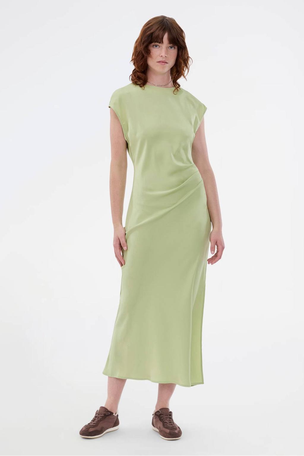 Lichtgroene dames Modström zomerjurk van polyester met effen, korte mouwen, ronde hals, knoopsluiting en open rug