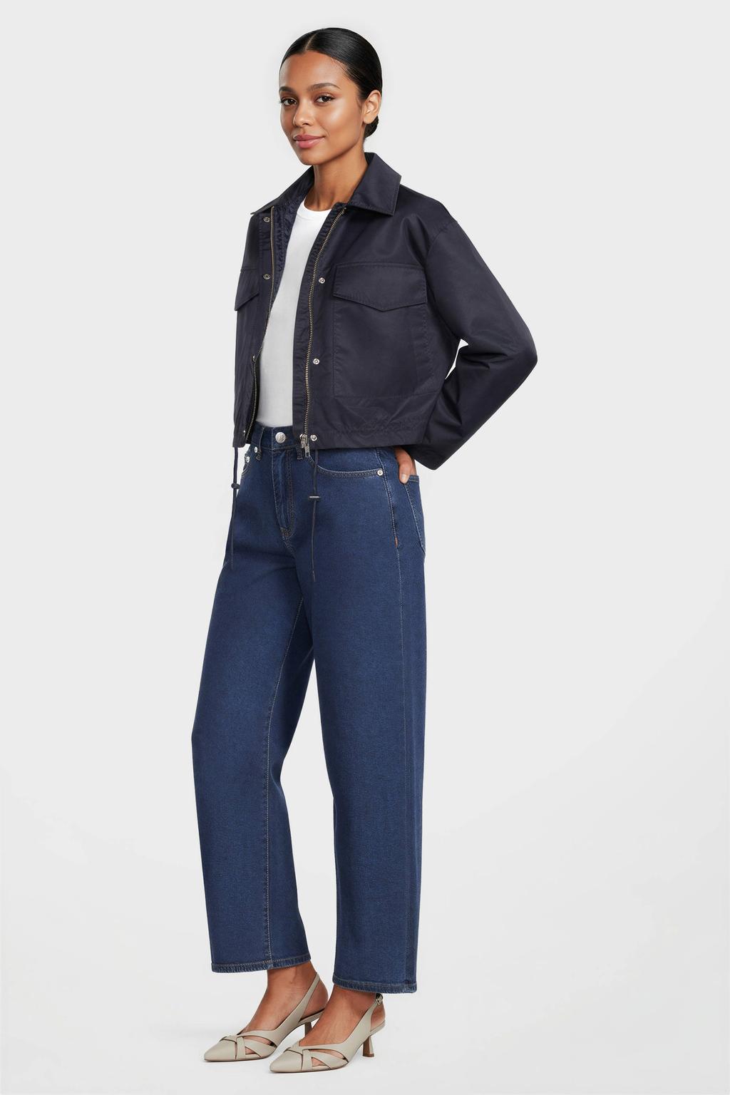 Donkerblauwe dames Modström jack van nylon met effen, lange mouwen, klassieke kraag en ritssluiting