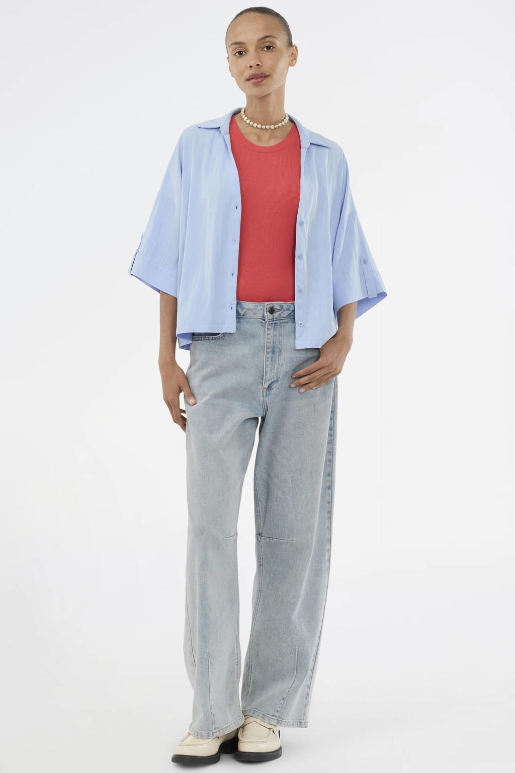 Lichtblauwe dames Modström blouse van viscose met effen, driekwart mouwen, klassieke kraag en knoopsluiting