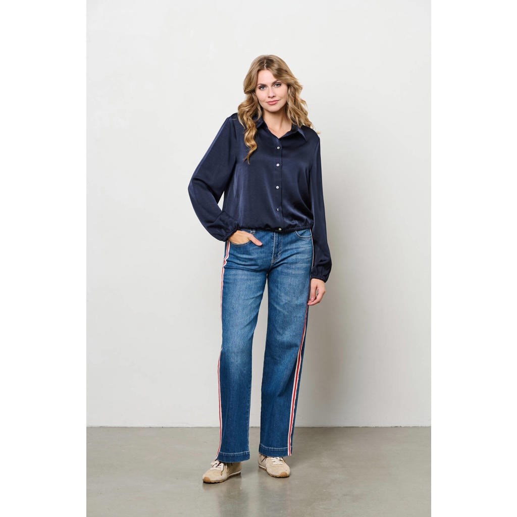 Donkerblauwe dames &Co Woman blouse van polyester met effen, lange mouwen, klassieke kraag en knoopsluiting