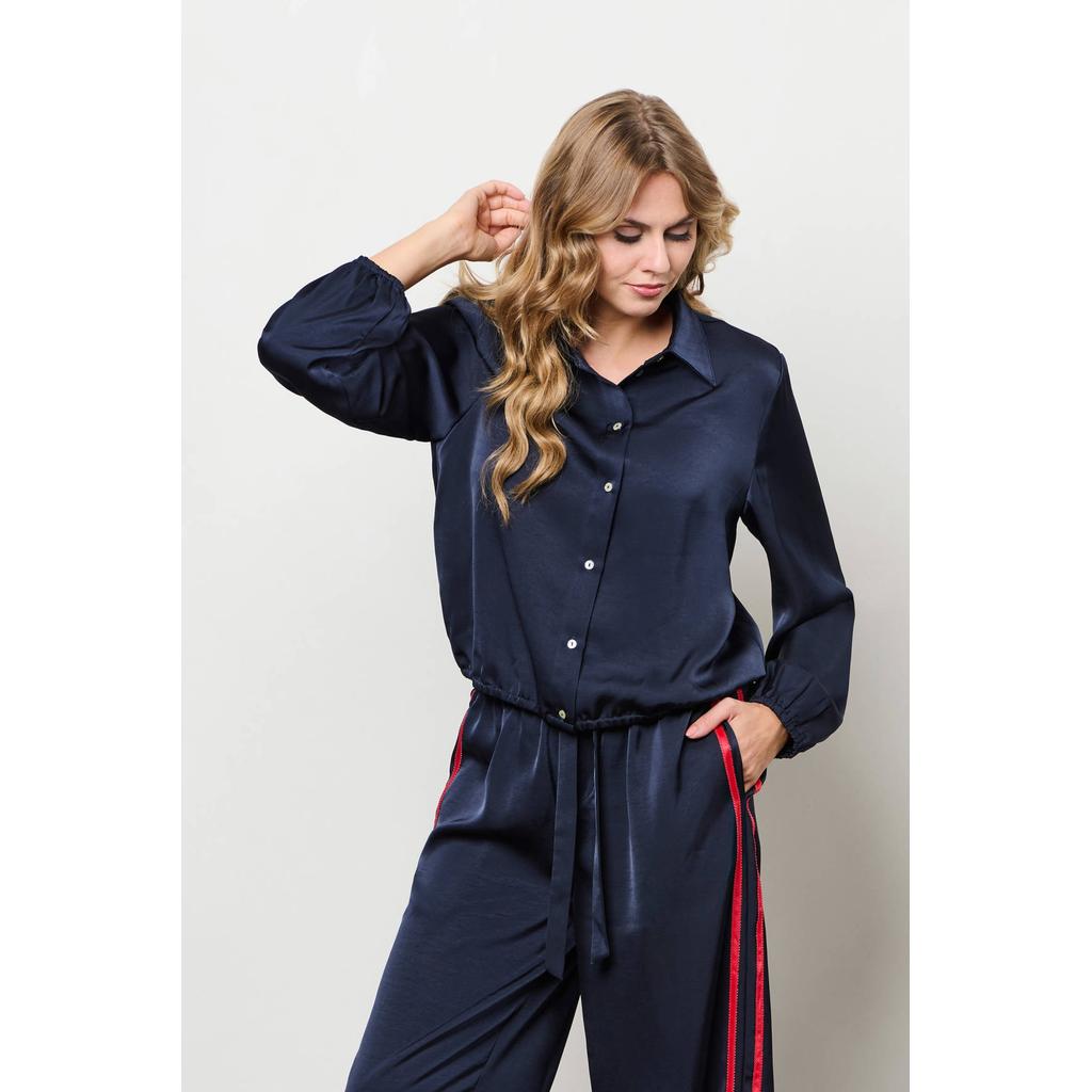 Donkerblauw en rode dames &Co Woman straight regular waist broek van polyester met elastische tailleband en effen