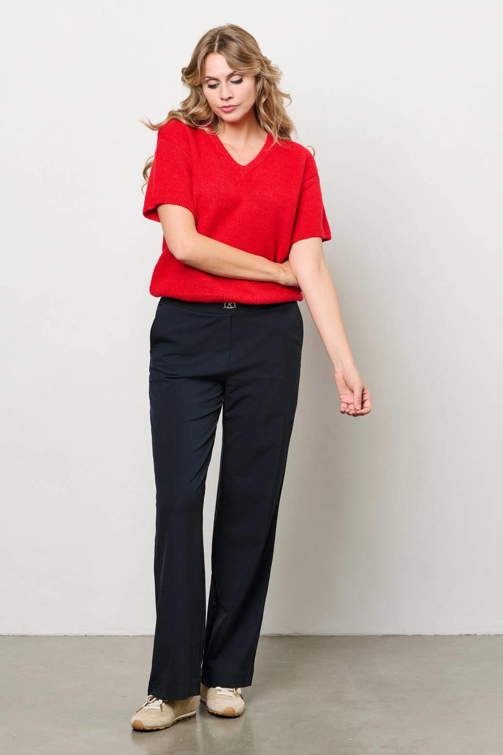 Rode dames &Co Woman gebreide trui van acryl met effen, lange mouwen en V-hals
