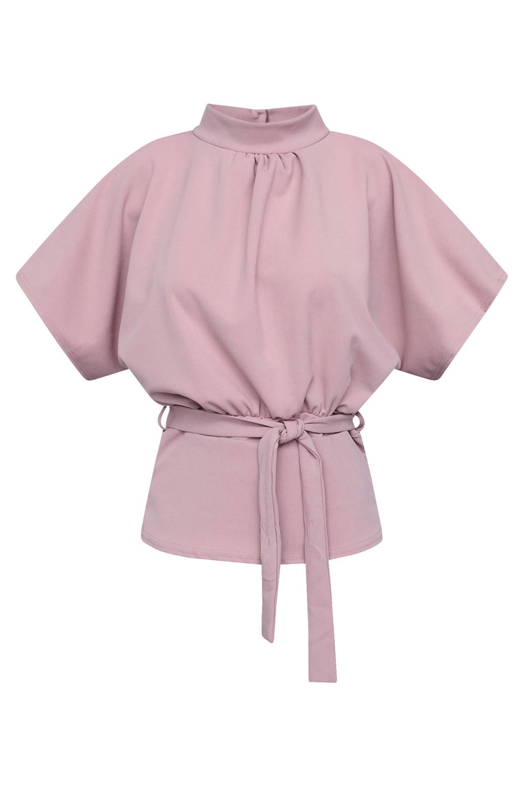 Lichtroze dames SisterS Point blousetop van polyester met effen, korte mouwen, opstaande kraag, striksluiting en ceintuur