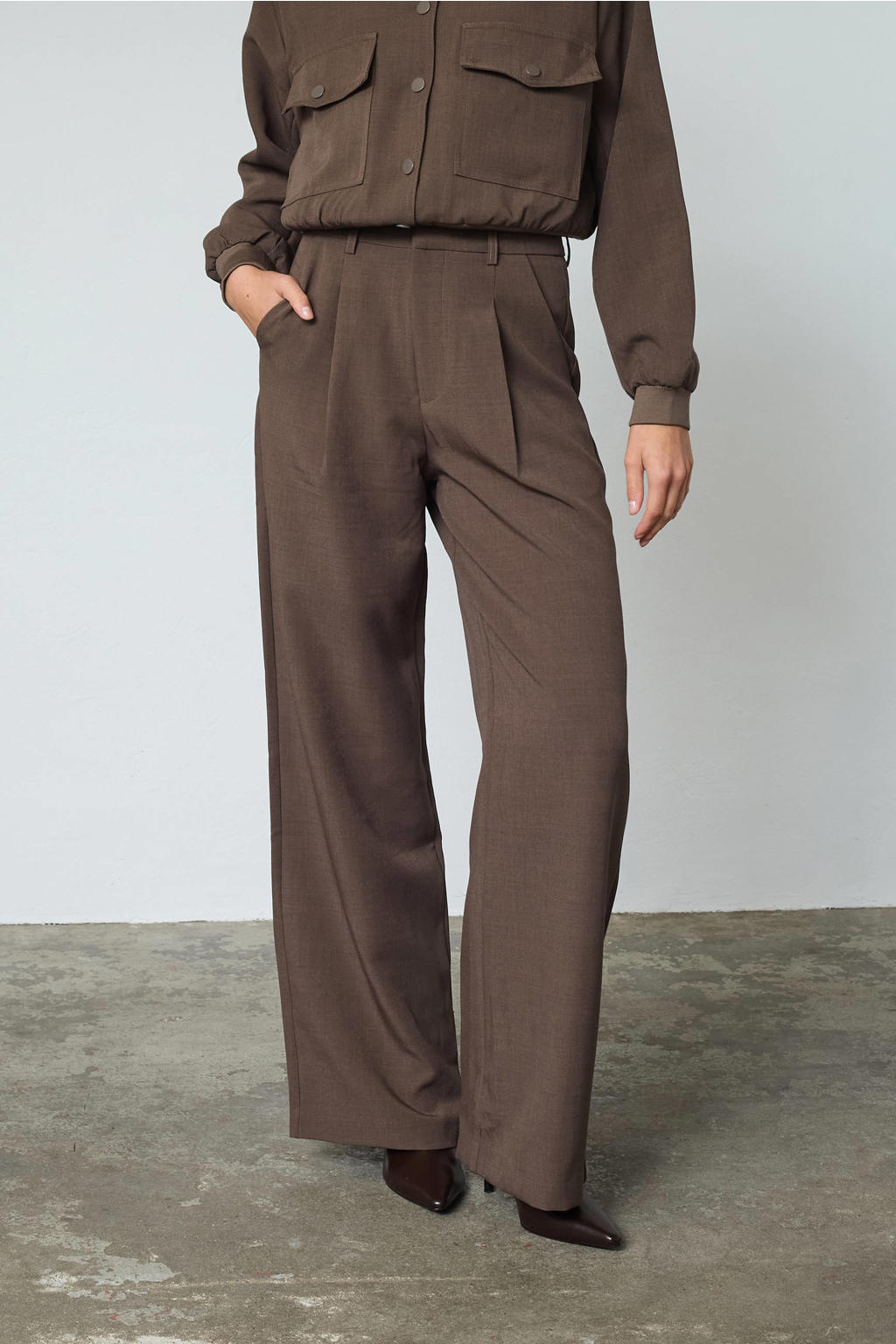 Donkerblauwe dames SisterS Point wide leg high waist pantalon met rits- en haaksluiting en effen