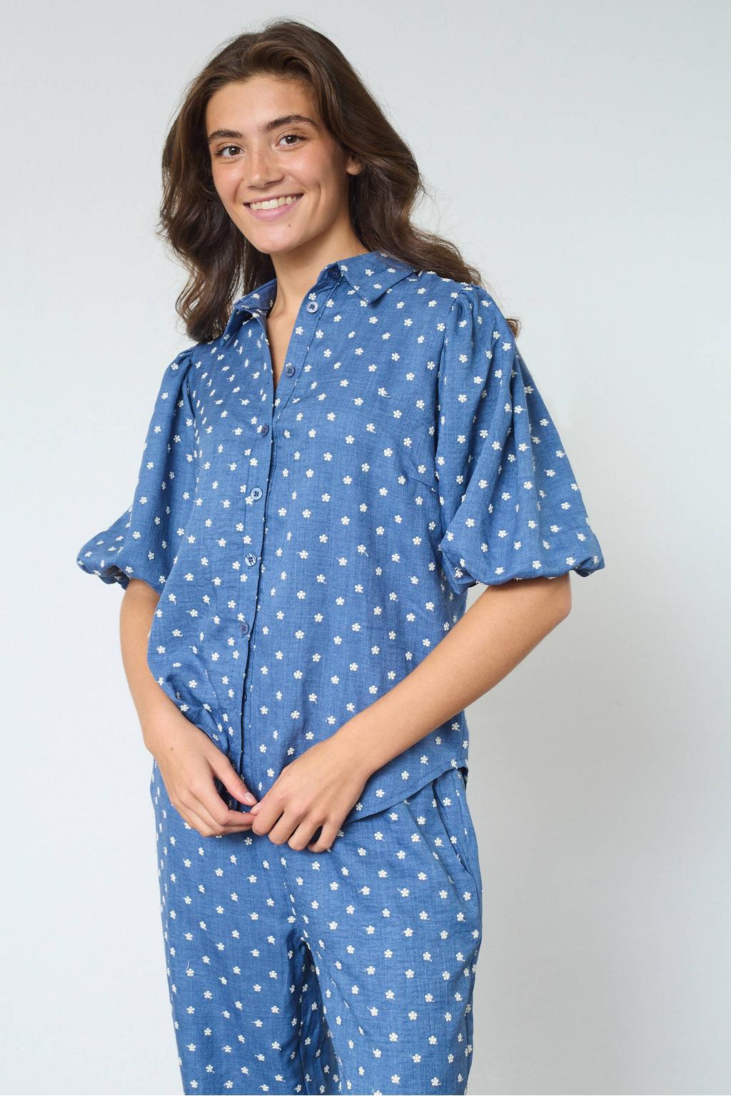 Blauw en witte dames SisterS Point blouse van katoen met stippenprint, korte mouwen, klassieke kraag en knoopsluiting