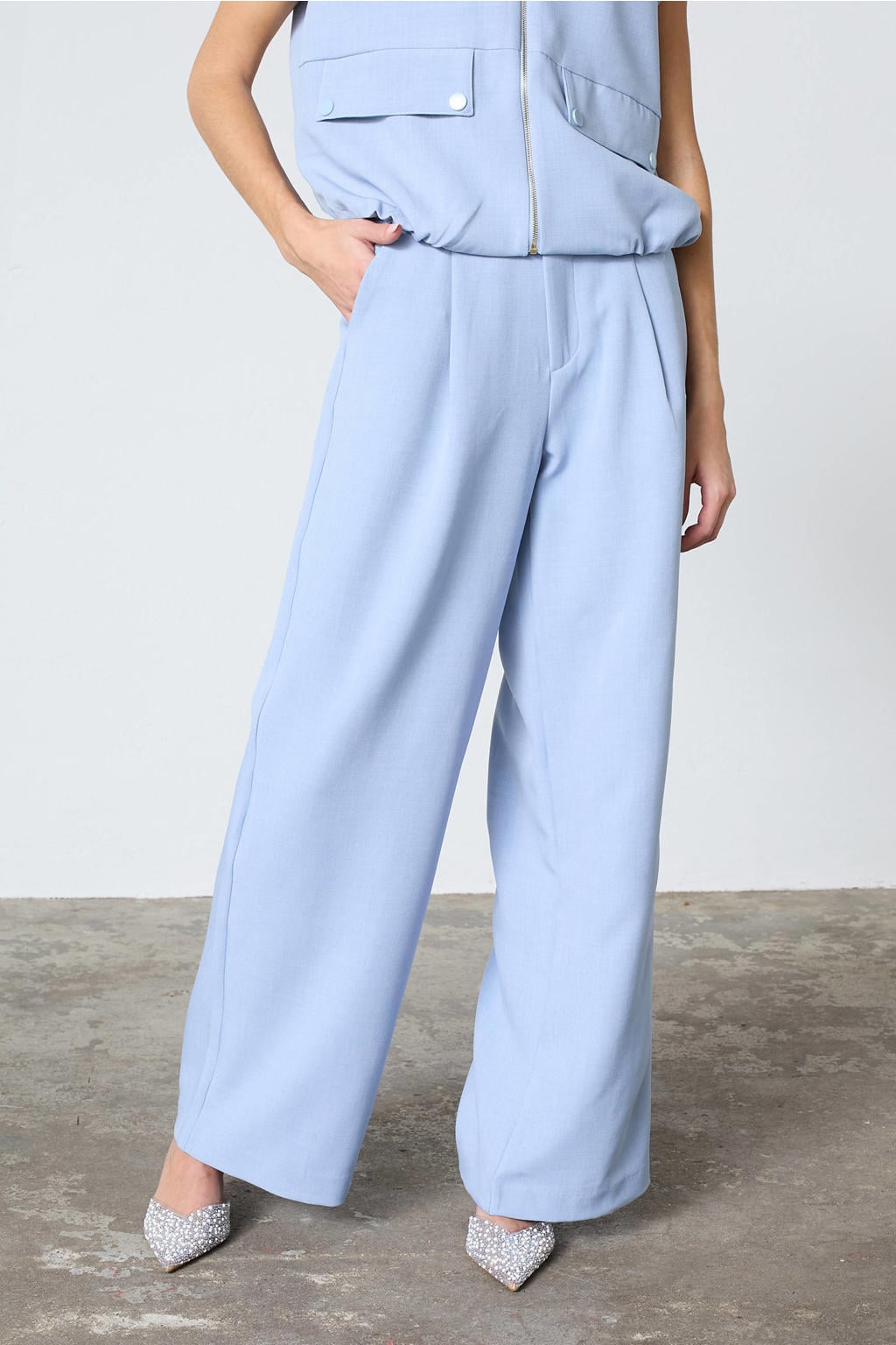Lichtblauwe dames SisterS Point wide leg high waist pantalon met rits- en haaksluiting en effen