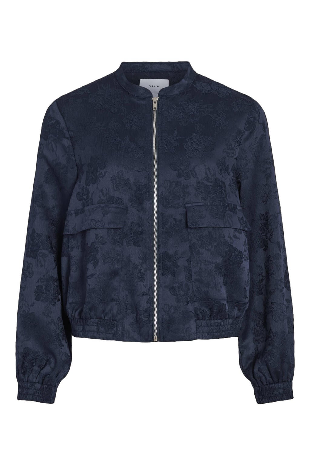 Marineblauw dames VILA bomberjack blauw van polyester met effen, lange mouwen, opstaande kraag, ritssluiting en jacquard