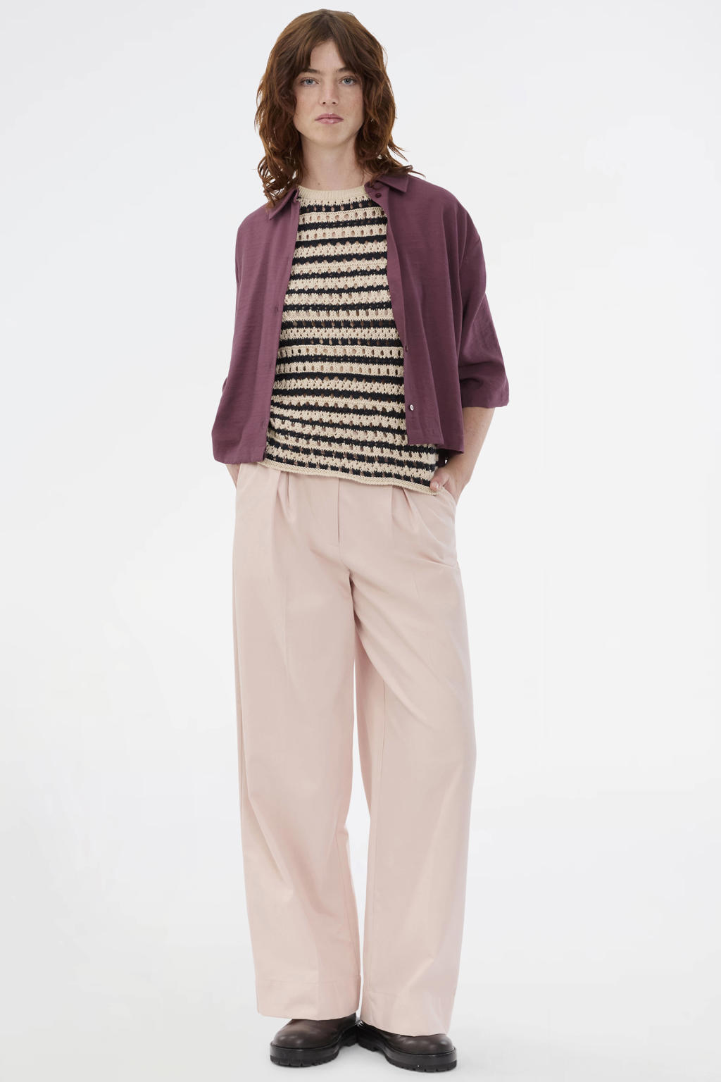 Aubergine dames Modström blouse van viscose met effen, half lange mouwen, klassieke kraag en knoopsluiting