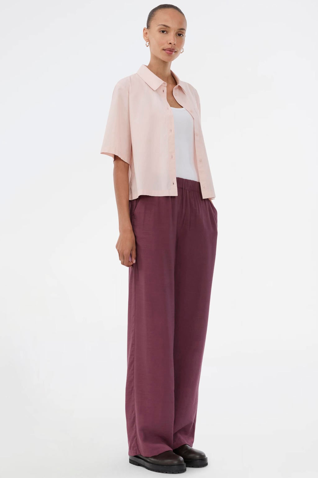 Aubergine dames Modström straight high waist broek van viscose met elastische tailleband en effen