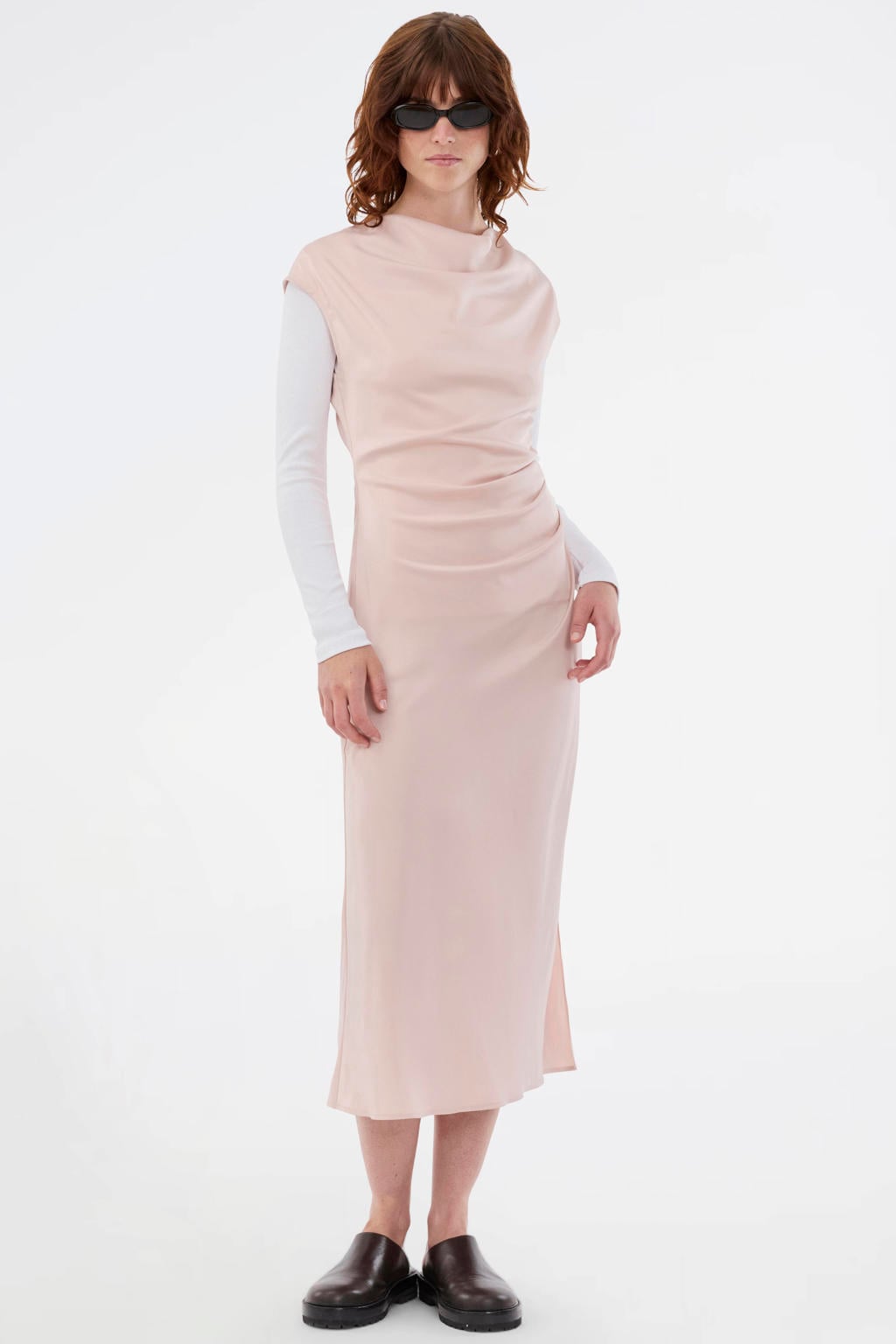 Oudroze dames Modström midi jurk van polyester met effen, korte mouwen, watervalhals, halve rits en plooien