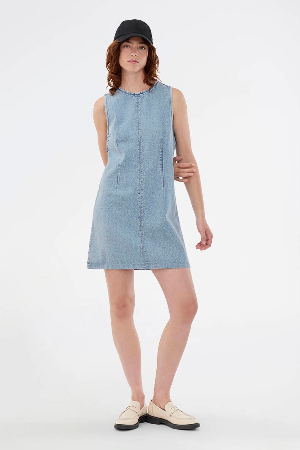 Light blue denim dames Modström spijkerjurk van denim met effen, ronde hals en ritssluiting