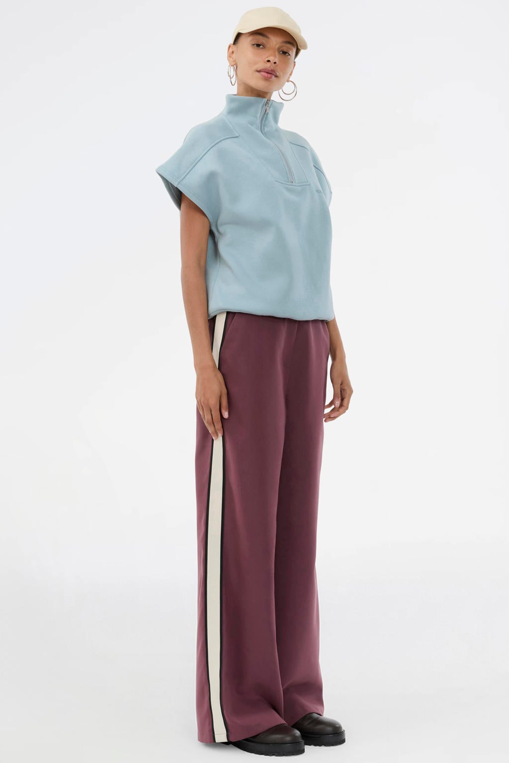 Aubergine dames Modström regular high waist broek van polyester met elastische tailleband en effen