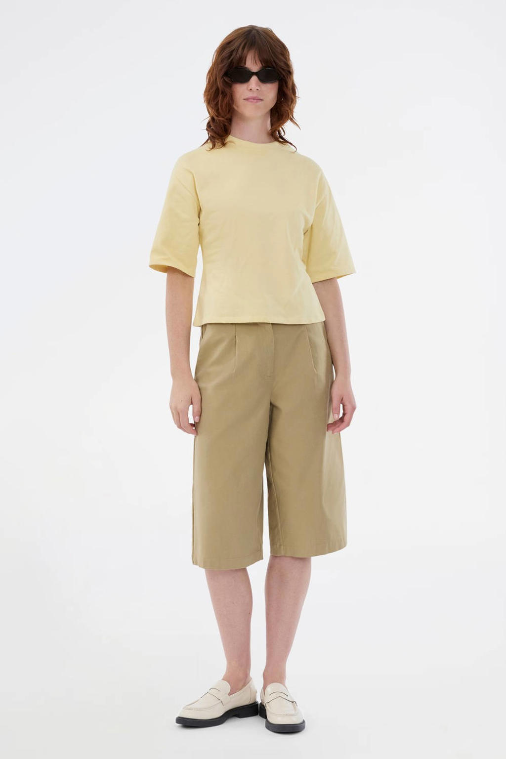 Lichtgele dames Modström T-shirt van katoen met effen, korte mouwen en ronde hals