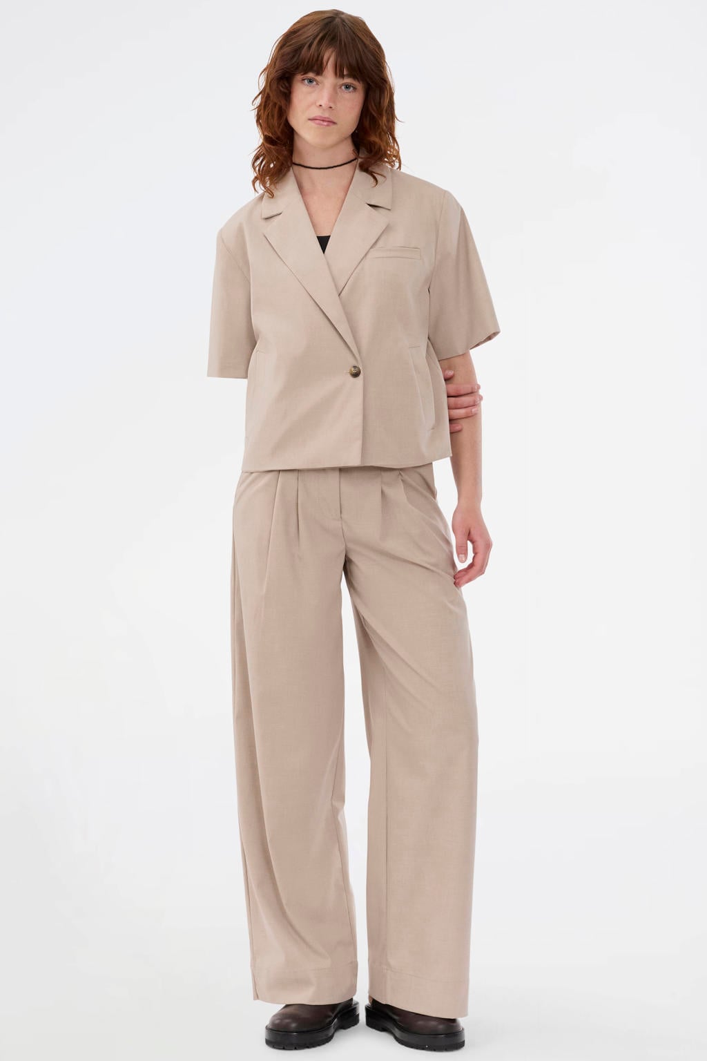 Beige dames Modström regular high waist broek van polyester met rits- en knoopsluiting en effen