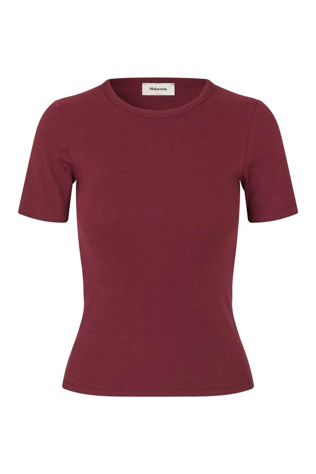 Donkerrode dames Modström T-shirt van katoen met effen, korte mouwen en ronde hals