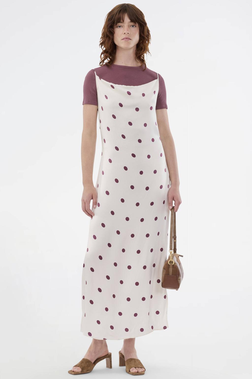 Ecru en donkerrode dames Modström maxi jurk van viscose met stippenprint, spaghettibandjes, watervalhals en ritssluiting