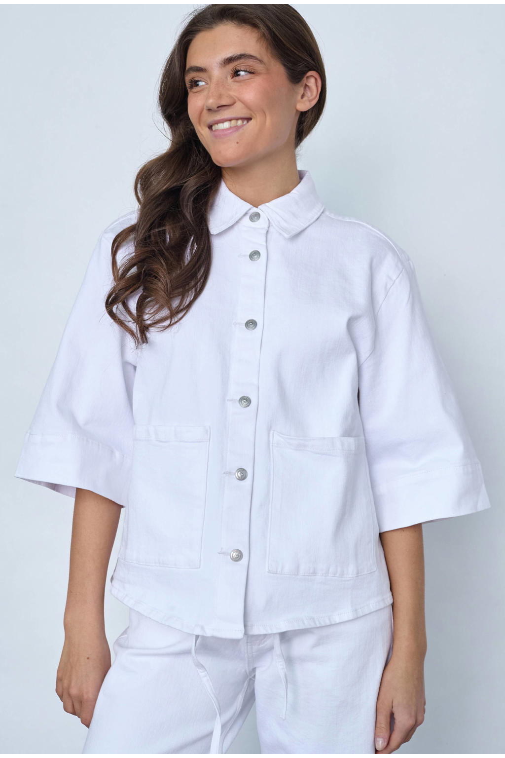 Witte dames SisterS Point blouse van denim met effen, half lange mouwen, klassieke kraag en knoopsluiting