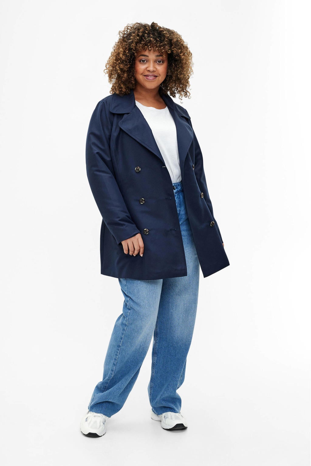 Marineblauw dames Zizzi trenchcoat van polyester met effen, lange mouwen, reverskraag, double breasted sluiting en ceintuur