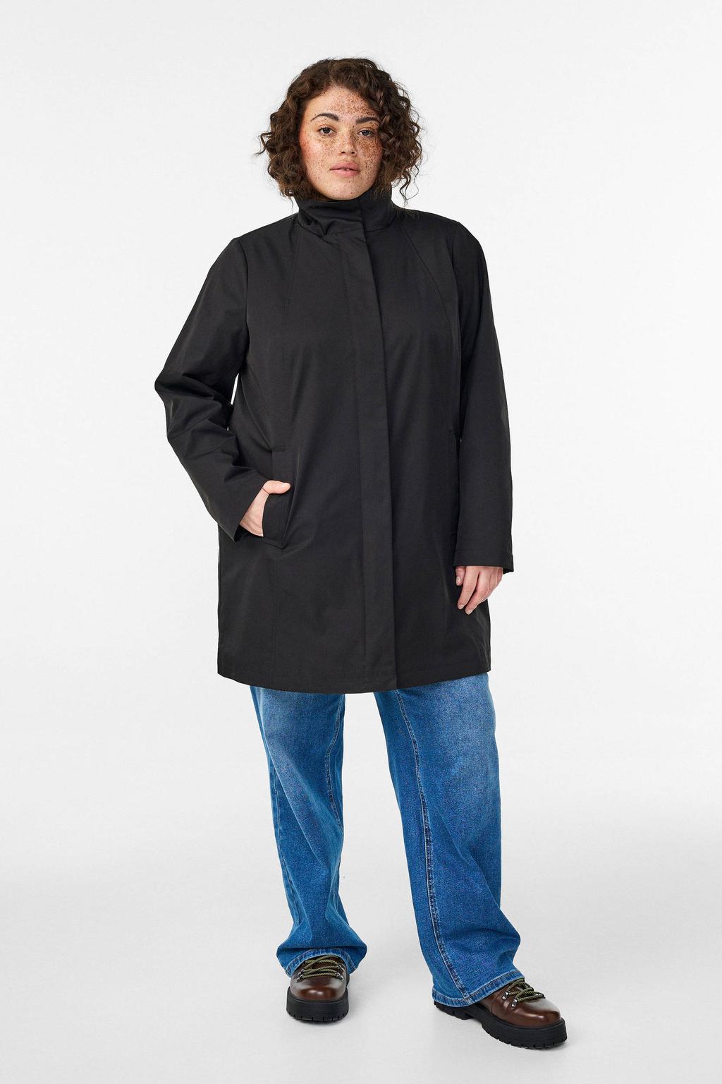 Zwarte dames Zizzi parka van polyester met effen, lange mouwen, reverskraag en knoopsluiting
