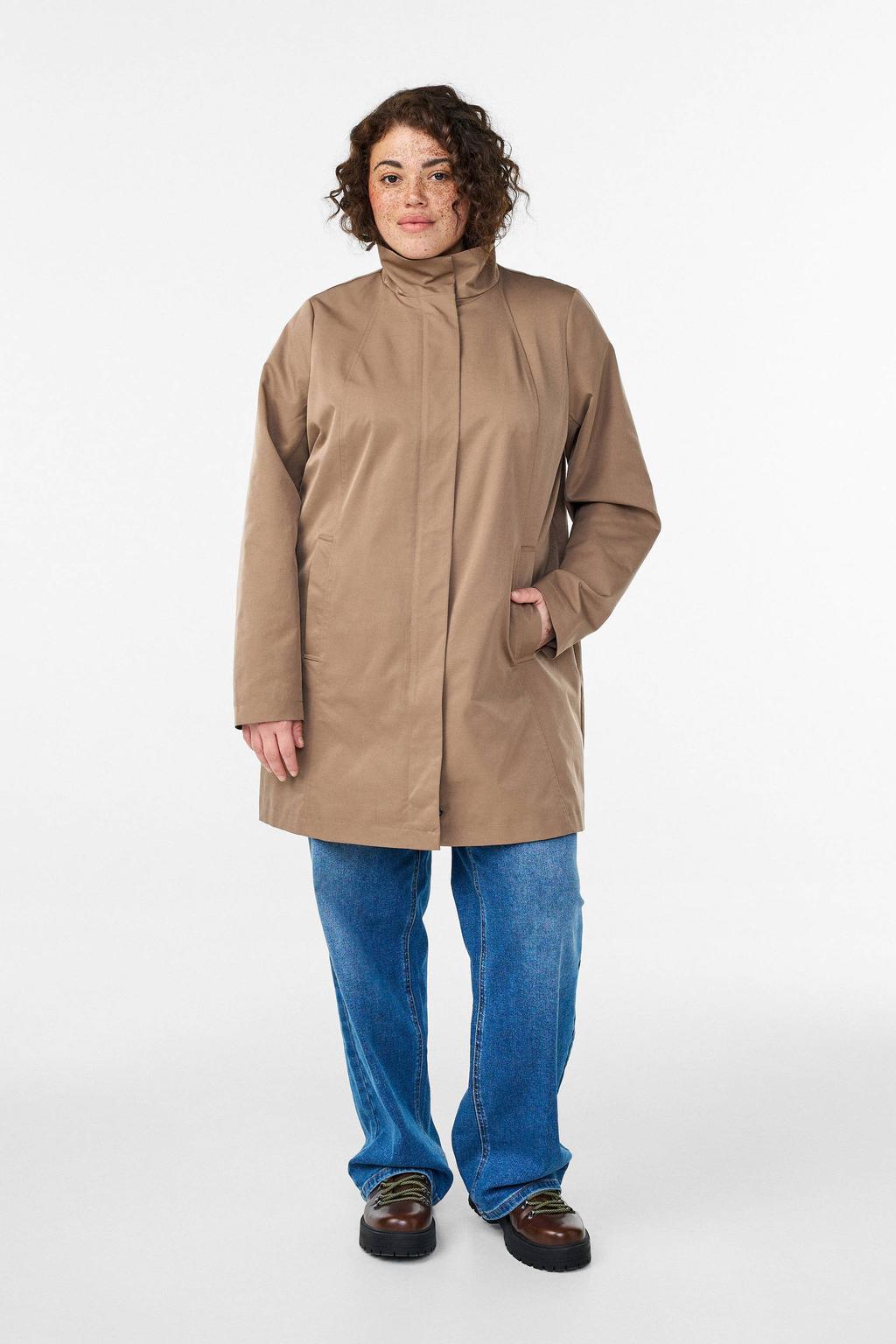 Bruine dames Zizzi parka van polyester met effen, lange mouwen, reverskraag en knoopsluiting