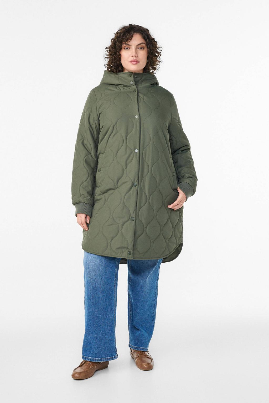 Groene dames Zizzi gewatteerde jas van polyester met effen, lange mouwen, capuchon en knoopsluiting