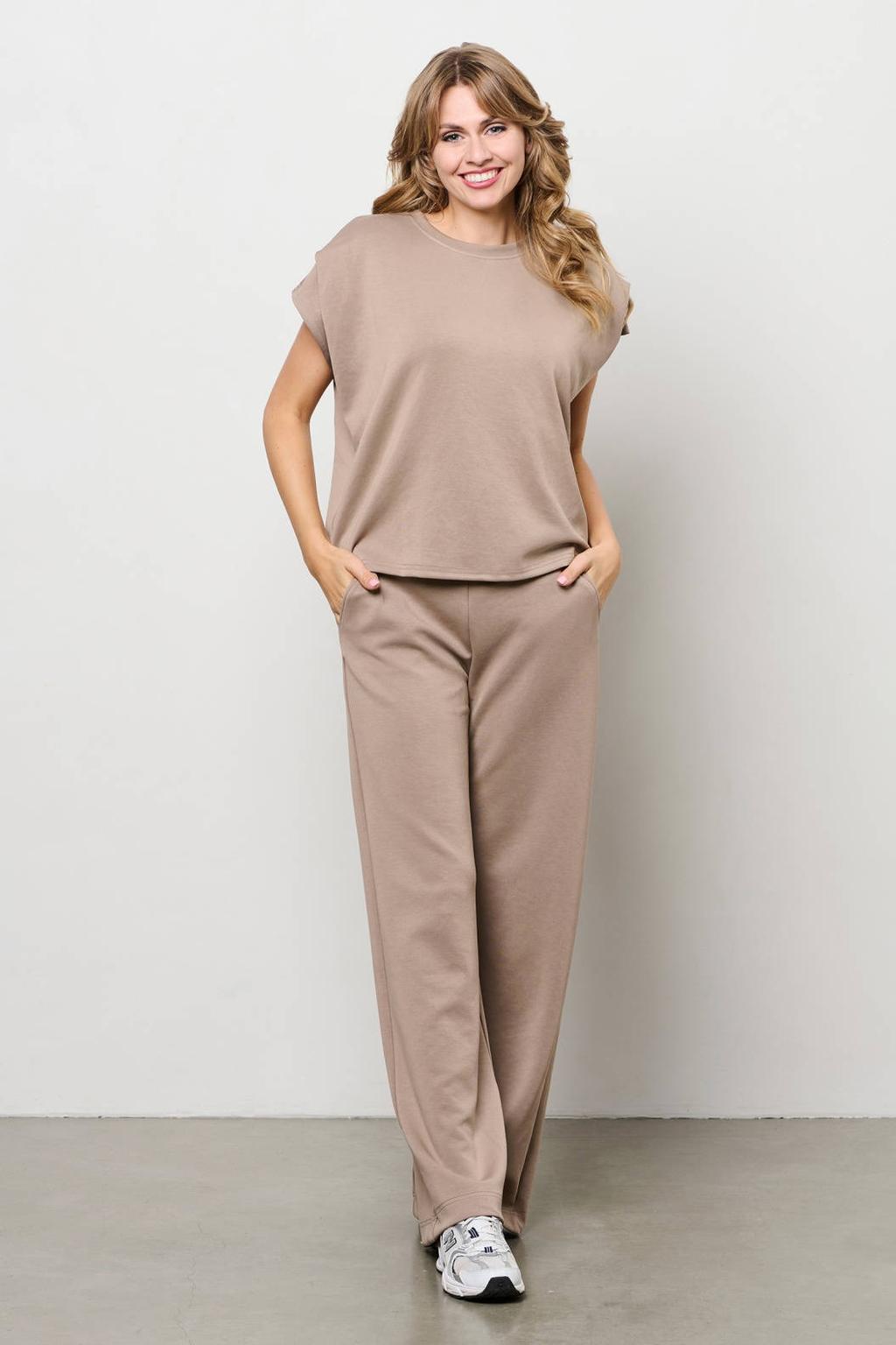 Taupe dames &Co Woman top van modal met effen, korte mouwen, ronde hals en omslagdetail