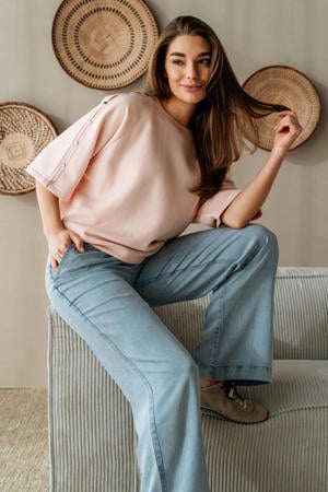 wide leg regular waist casual broek light blue denim