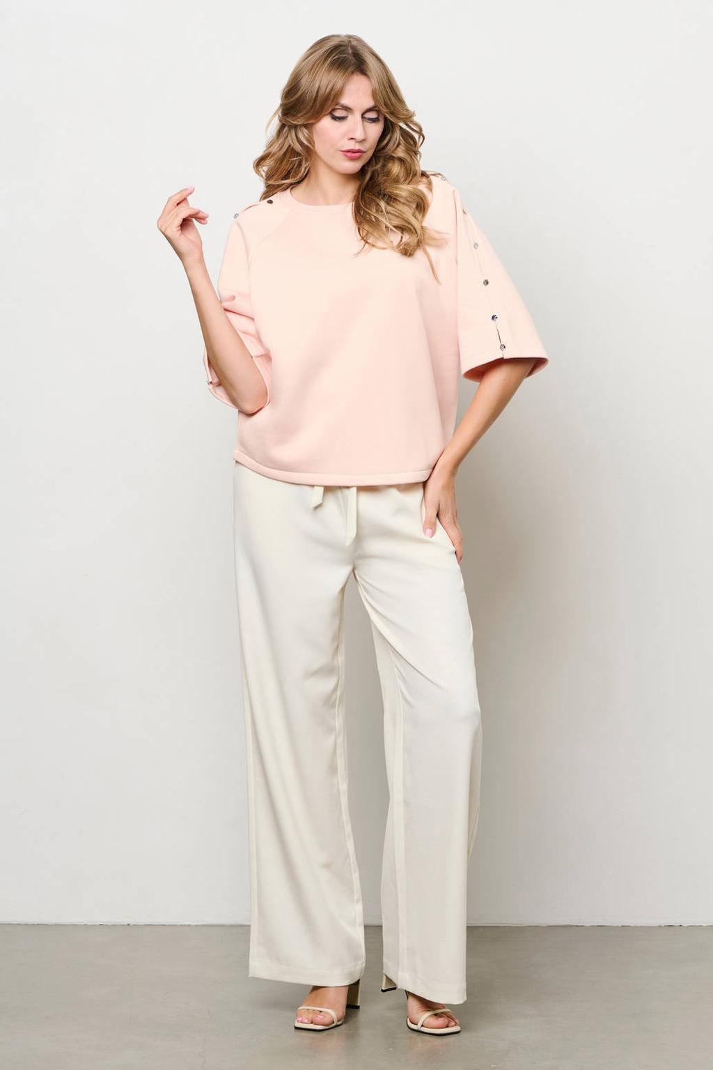 Lichtroze dames &Co Woman cropped trui van katoen met effen, half lange mouwen, ronde hals en sierknopen