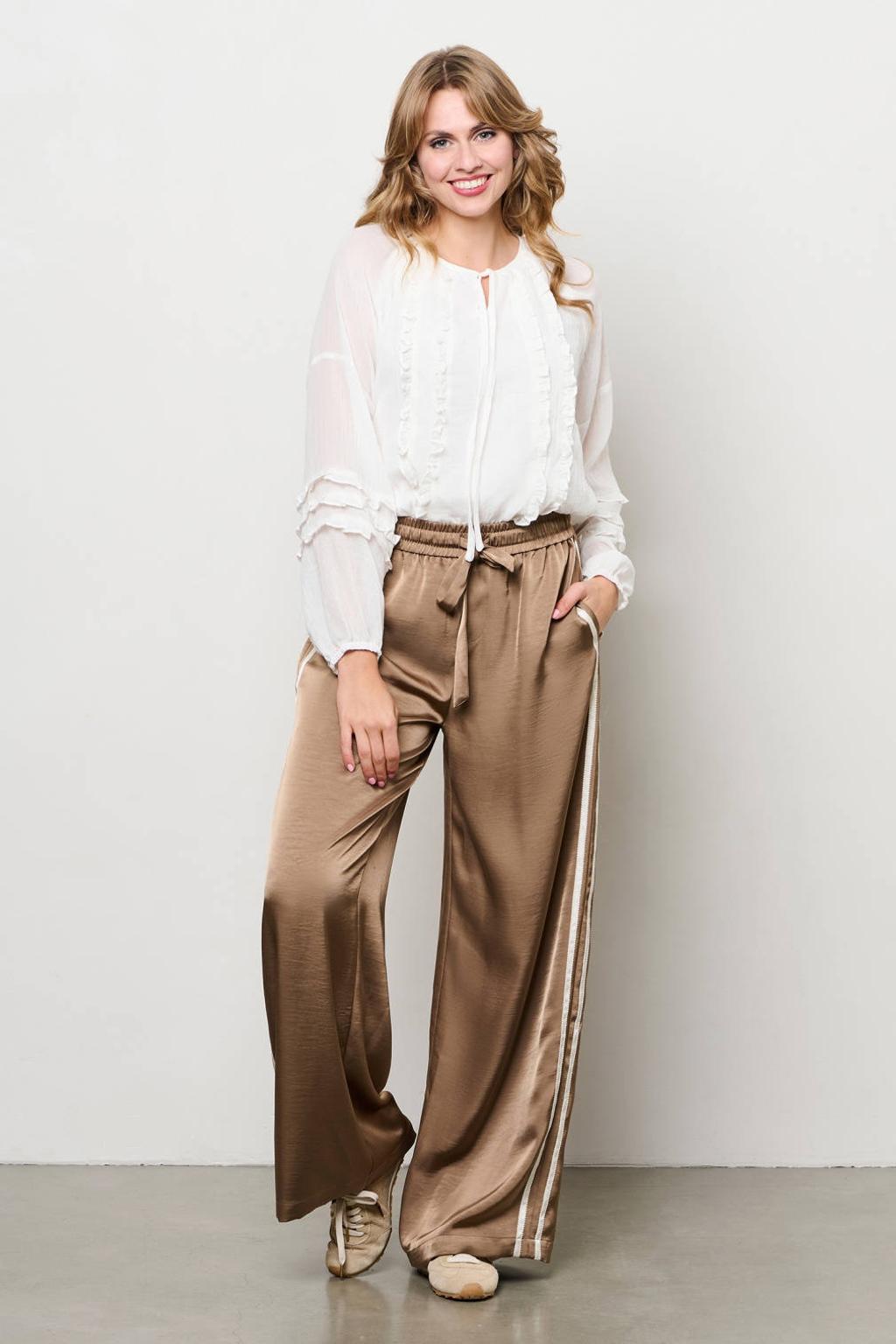 Witte dames &Co Woman blousetop van polyester met effen, lange mouwen, strikkraag, knoopsluiting en ruches