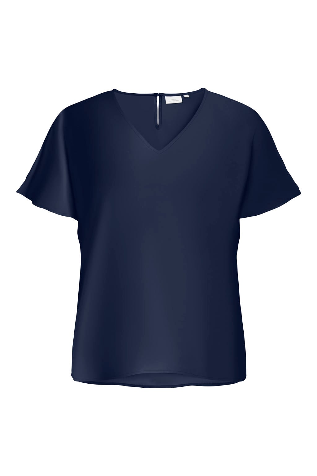 Donkerblauwe dames ONLY CARMAKOMA top van polyester met effen, korte mouwen, V-hals en geweven detail
