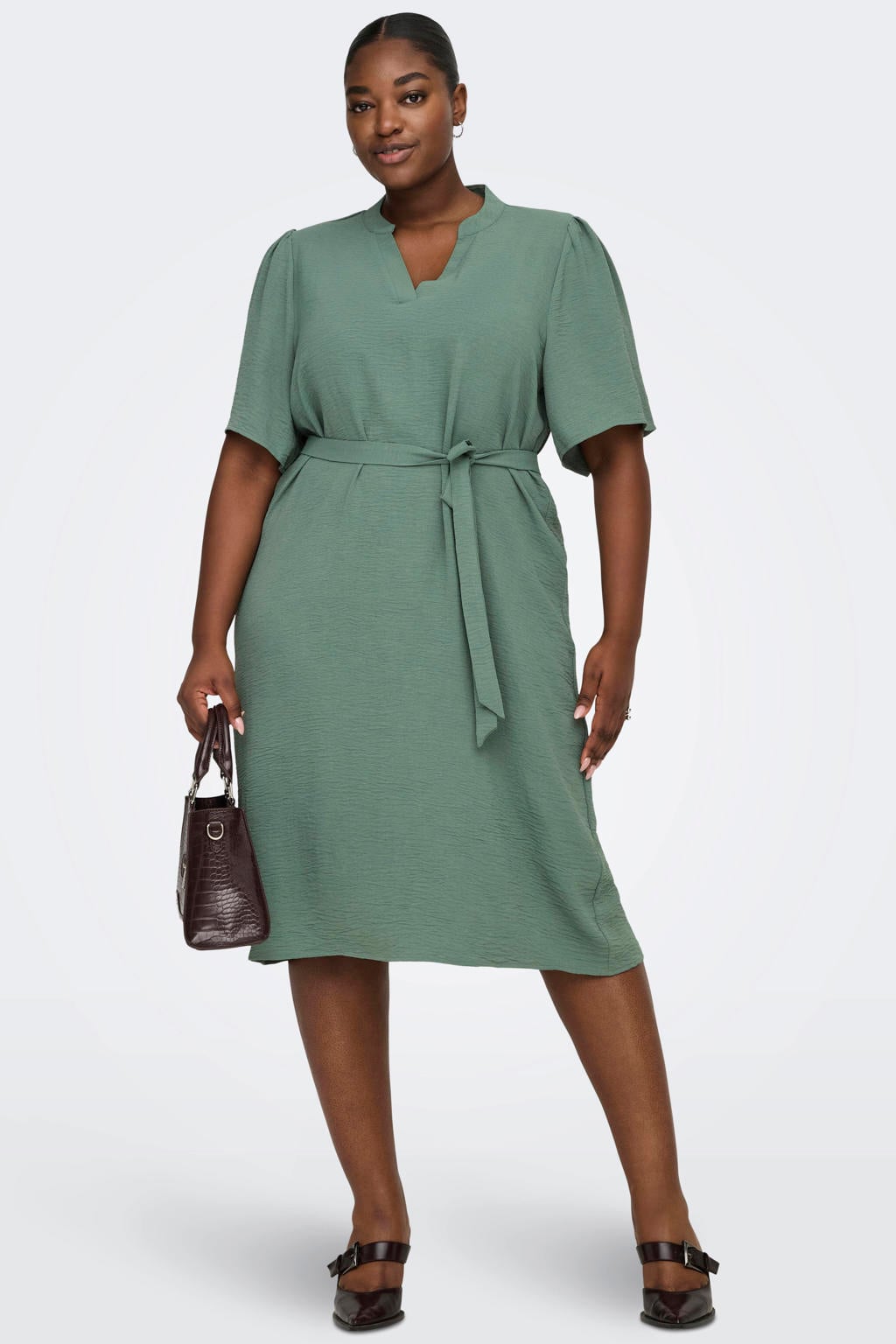 Groene dames ONLY CARMAKOMA mini jurk van polyester met effen, korte mouwen en V-hals
