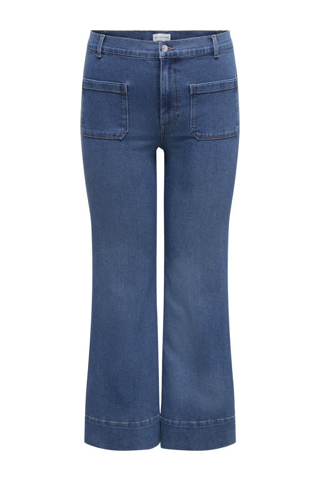 Medium blue denim dames ONLY CARMAKOMA high waist flared jeans van denim met rits- en knoopsluiting en effen