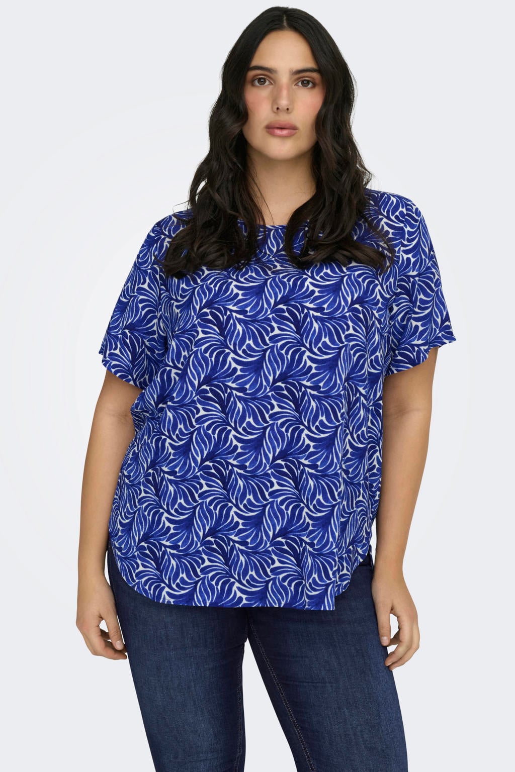 Blauwe dames ONLY CARMAKOMA top van polyester met korte mouwen, ronde hals en geweven detail