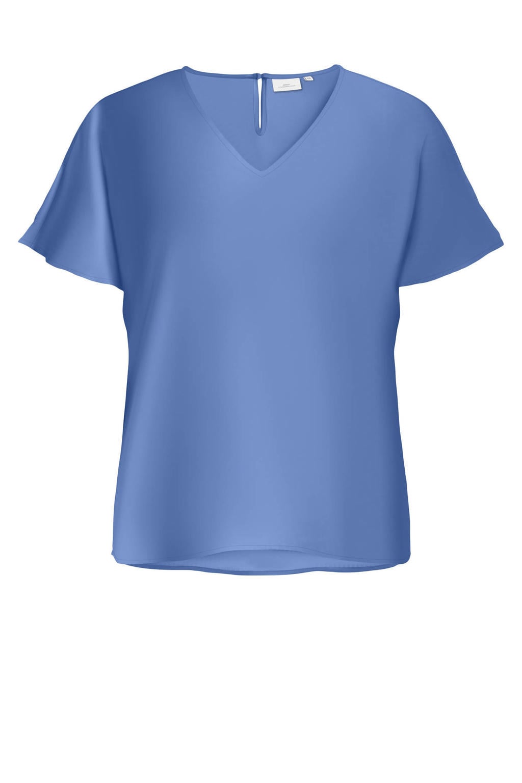 Blauwe dames ONLY CARMAKOMA top van polyester met effen, korte mouwen, V-hals en geweven detail