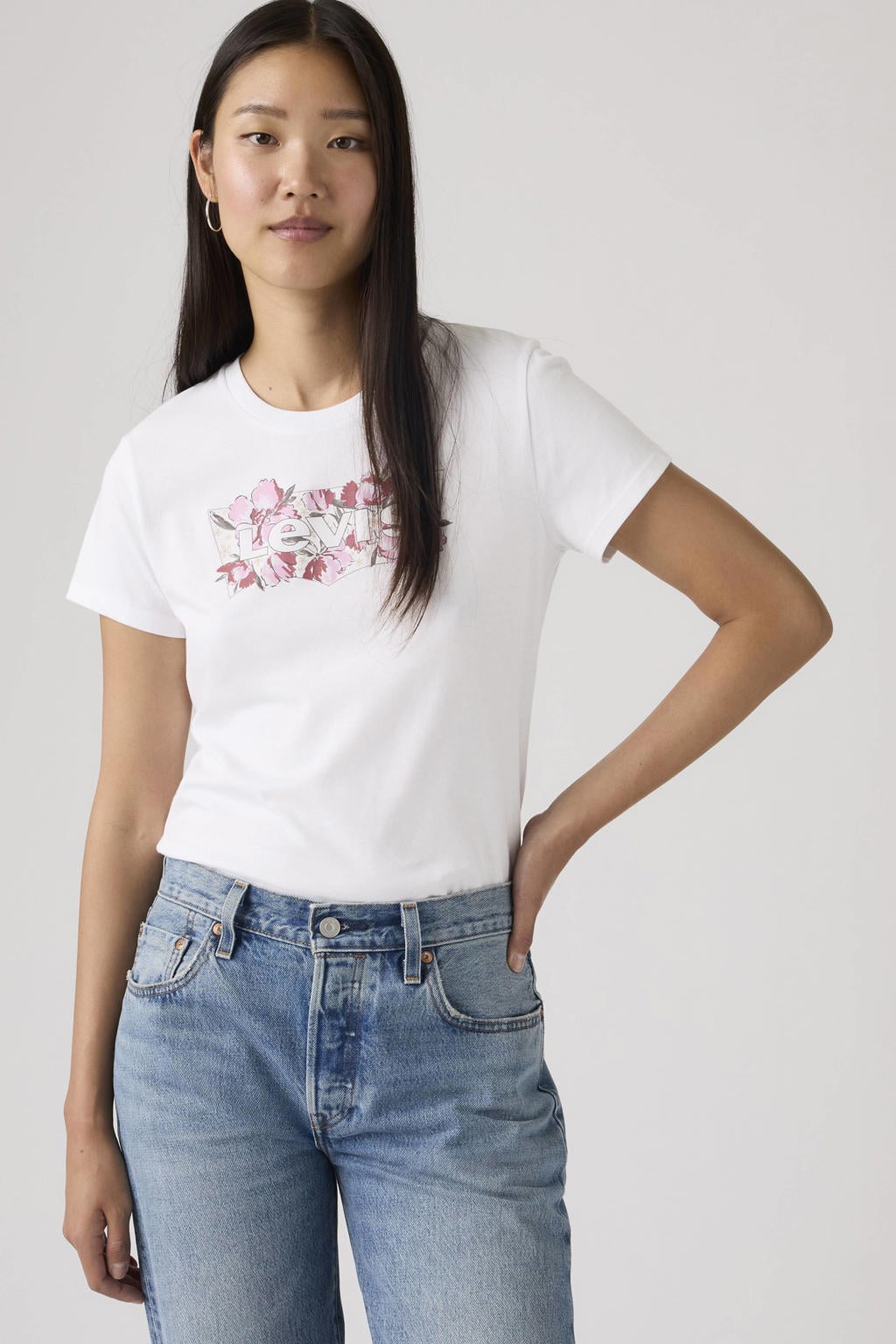 Wit en roze dames Levi's T-shirt van katoen met logo dessin, korte mouwen en ronde hals