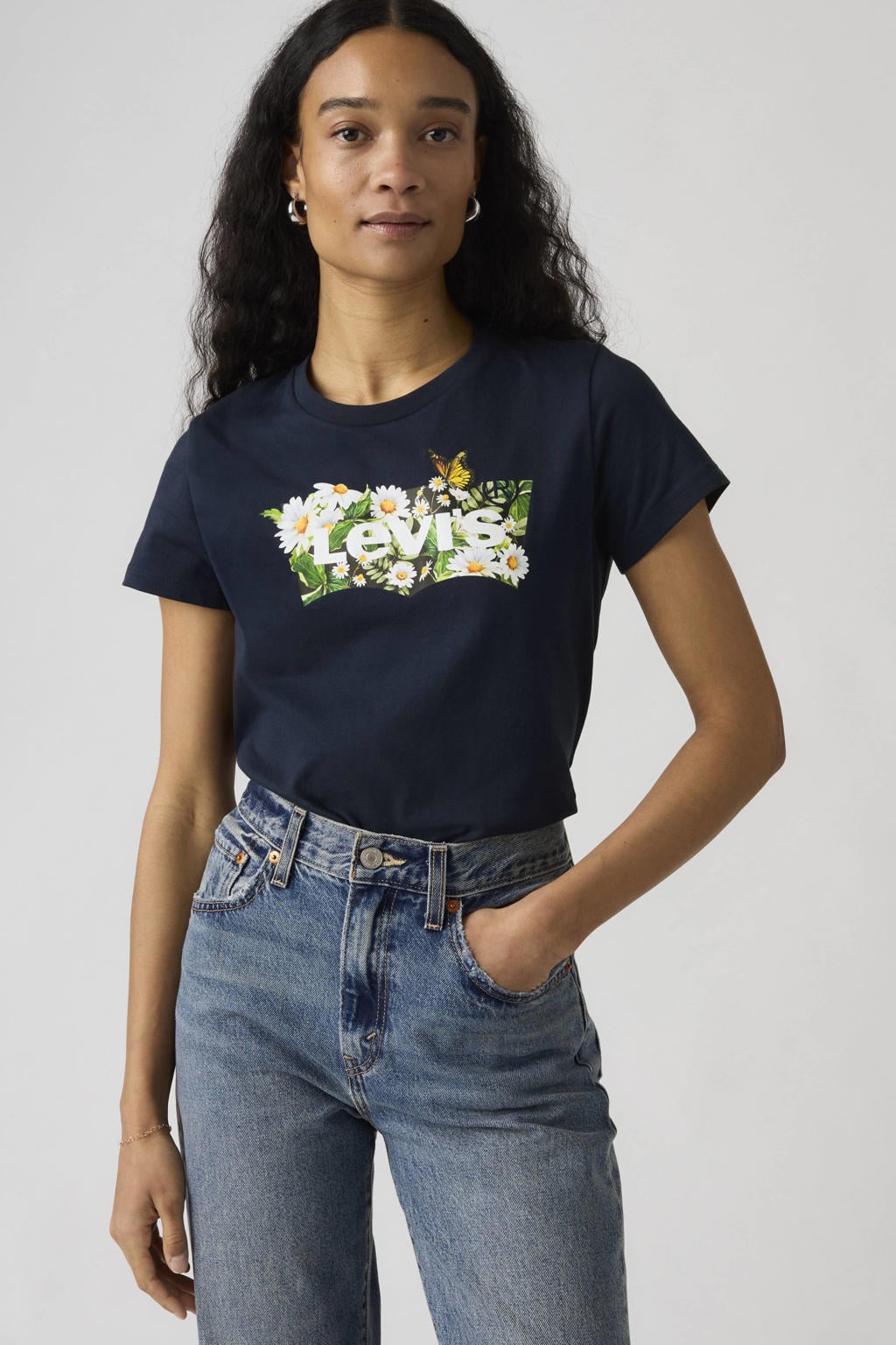 Blauwe dames Levi's T-shirt van katoen met bloemenprint, korte mouwen en ronde hals