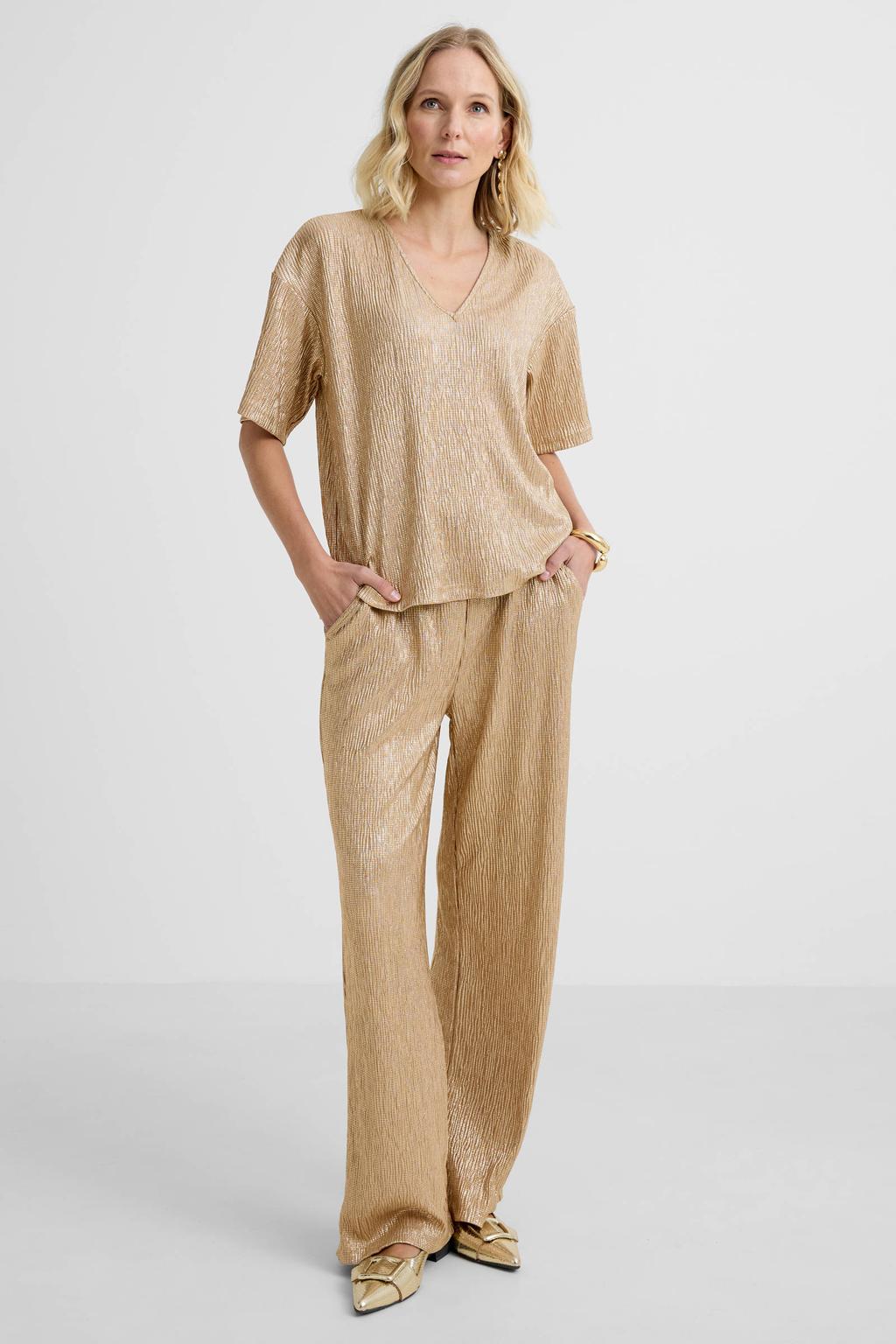 Gouden dames FREEQUENT top van polyester met effen, korte mouwen, V-hals en glimmend detail