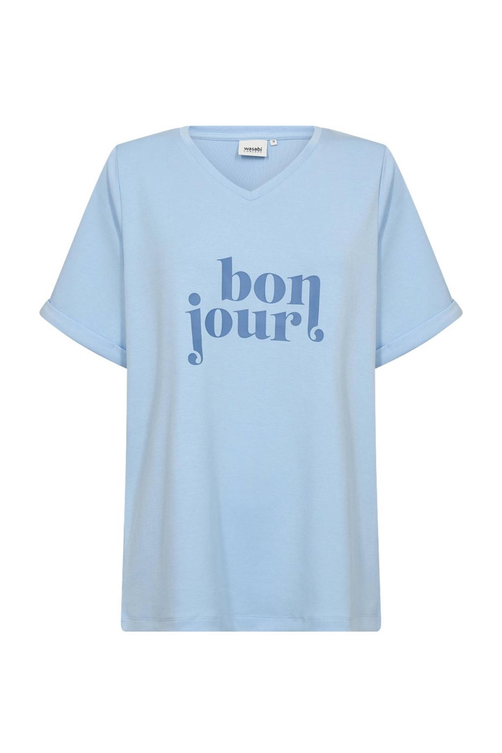 Lichtblauwe dames Wasabiconcept T-shirt van modal met tekst print, korte mouwen en ronde hals