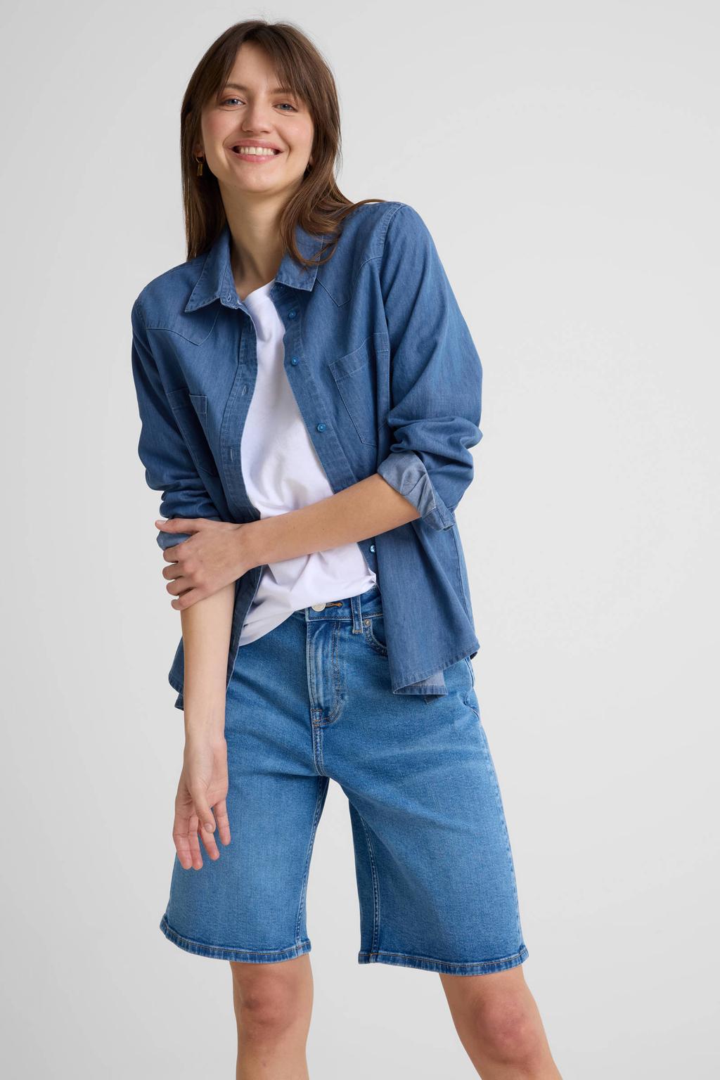 Blauwe dames Anytime blouse mouwen van katoen met effen, lange mouwen, klassieke kraag en knoopsluiting