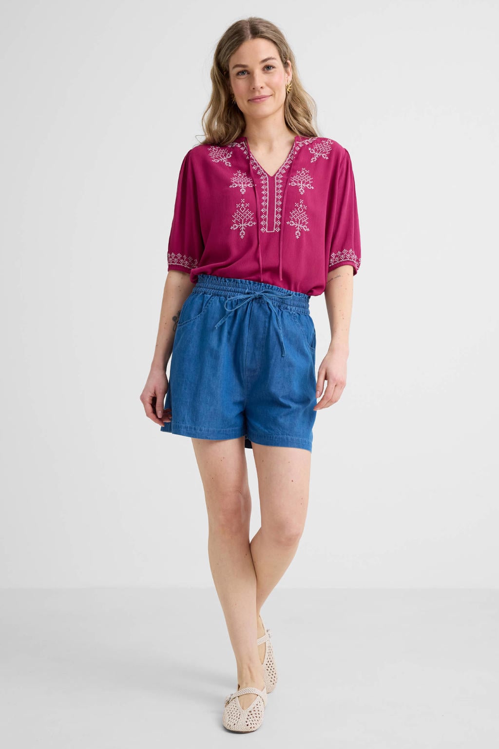 Medium blue denim dames Anytime short van katoen met regular fit, regular waist, elastische tailleband met koord en effen