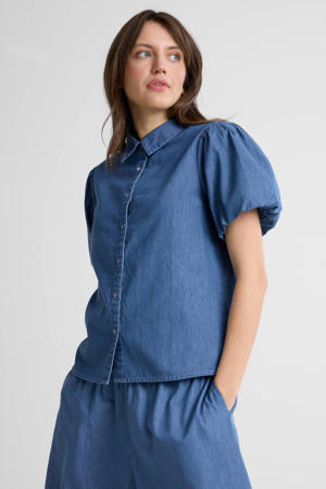 denim blouse met pofmouwen blauw