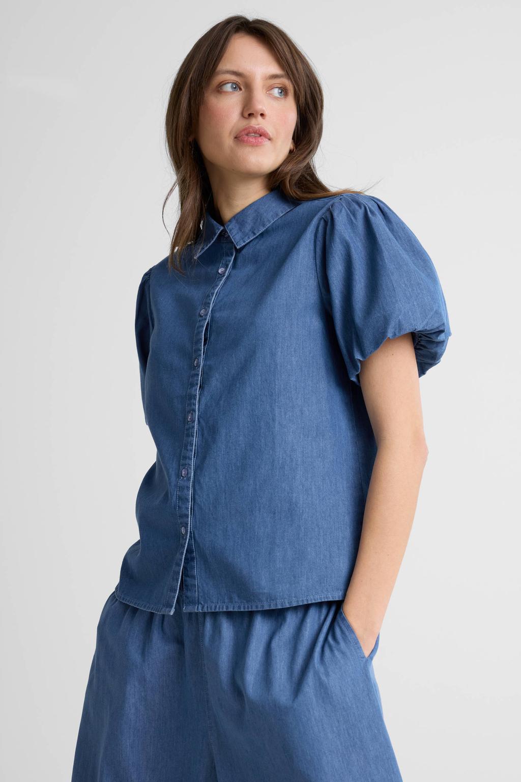 Blauwe dames Anytime blouse van katoen met effen, korte mouwen, klassieke kraag en knoopsluiting