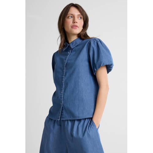 Anytime denim blouse met pofmouwen blauw afbeelding