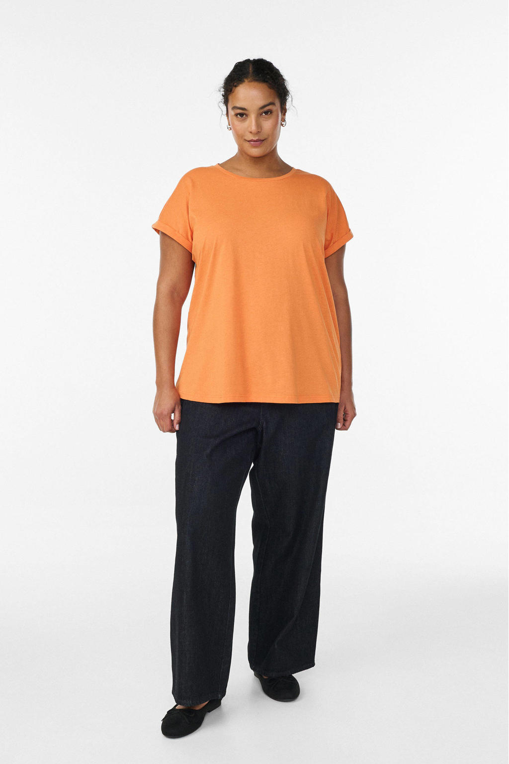 Oranje dames Zizzi T-shirt van katoen met effen, korte mouwen en ronde hals