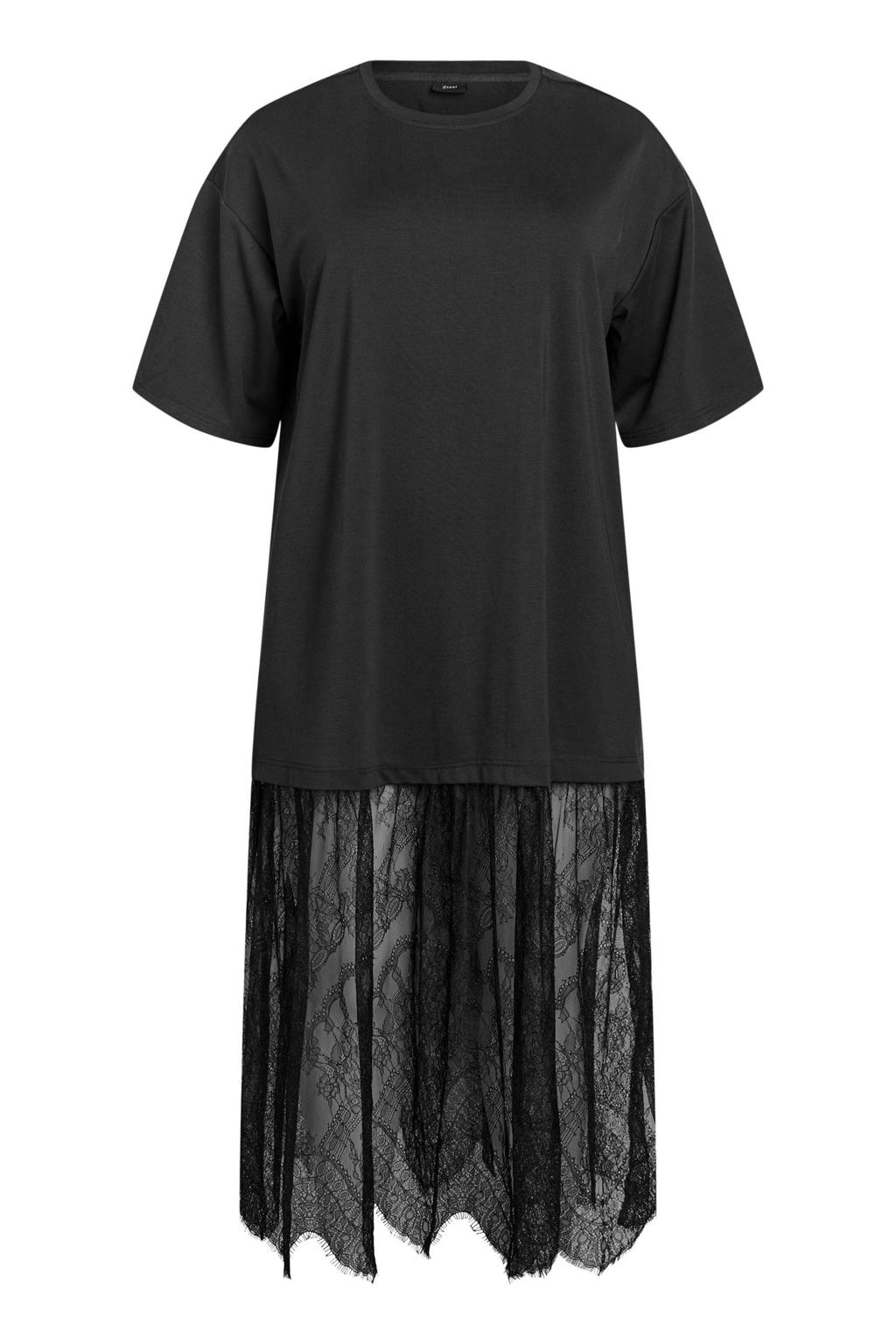 Zwarte dames Zizzi maxi jurk van polyester met effen, korte mouwen, ronde hals en kant