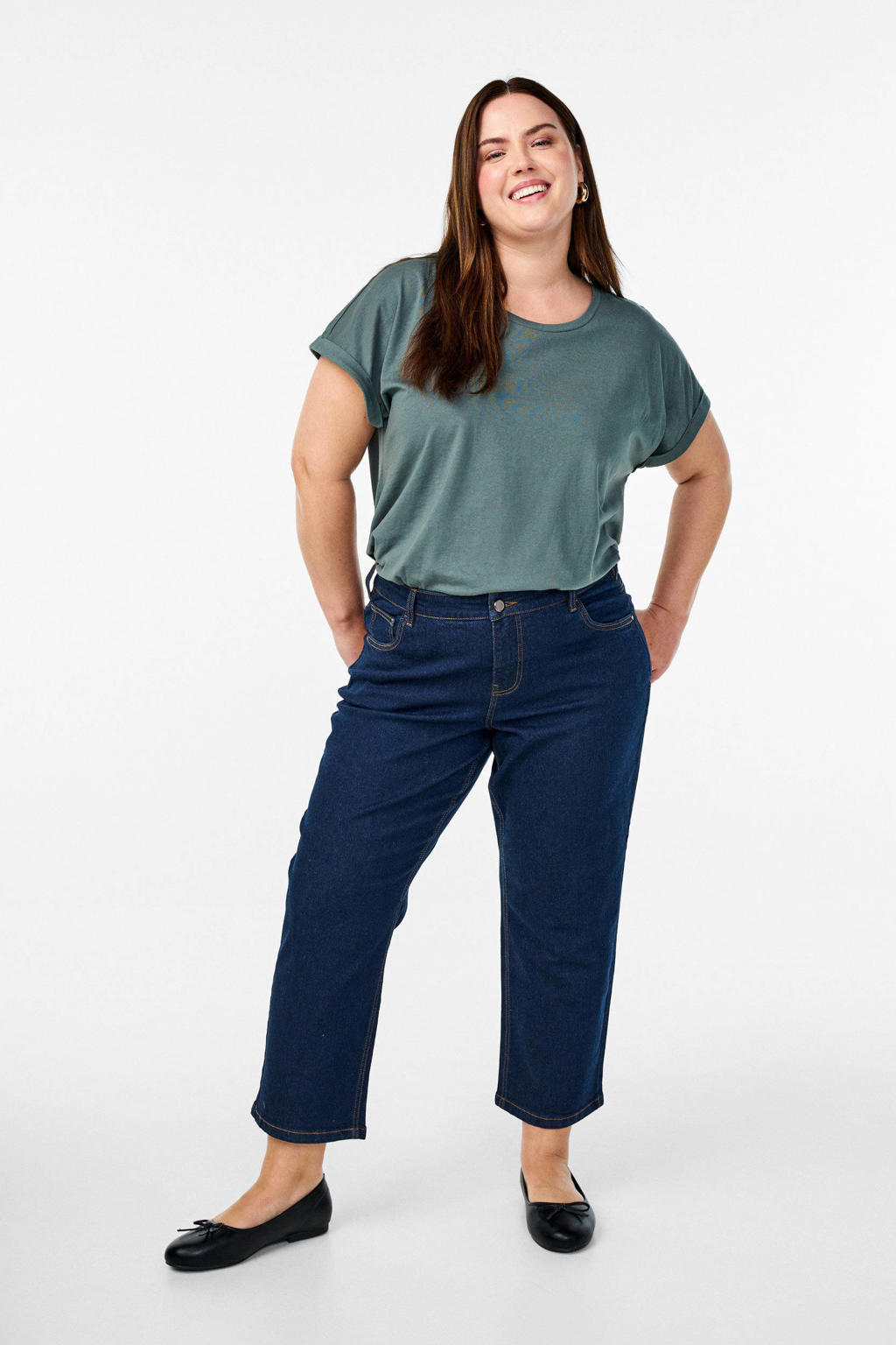 Groene dames Zizzi T-shirt van katoen met effen, korte mouwen en ronde hals