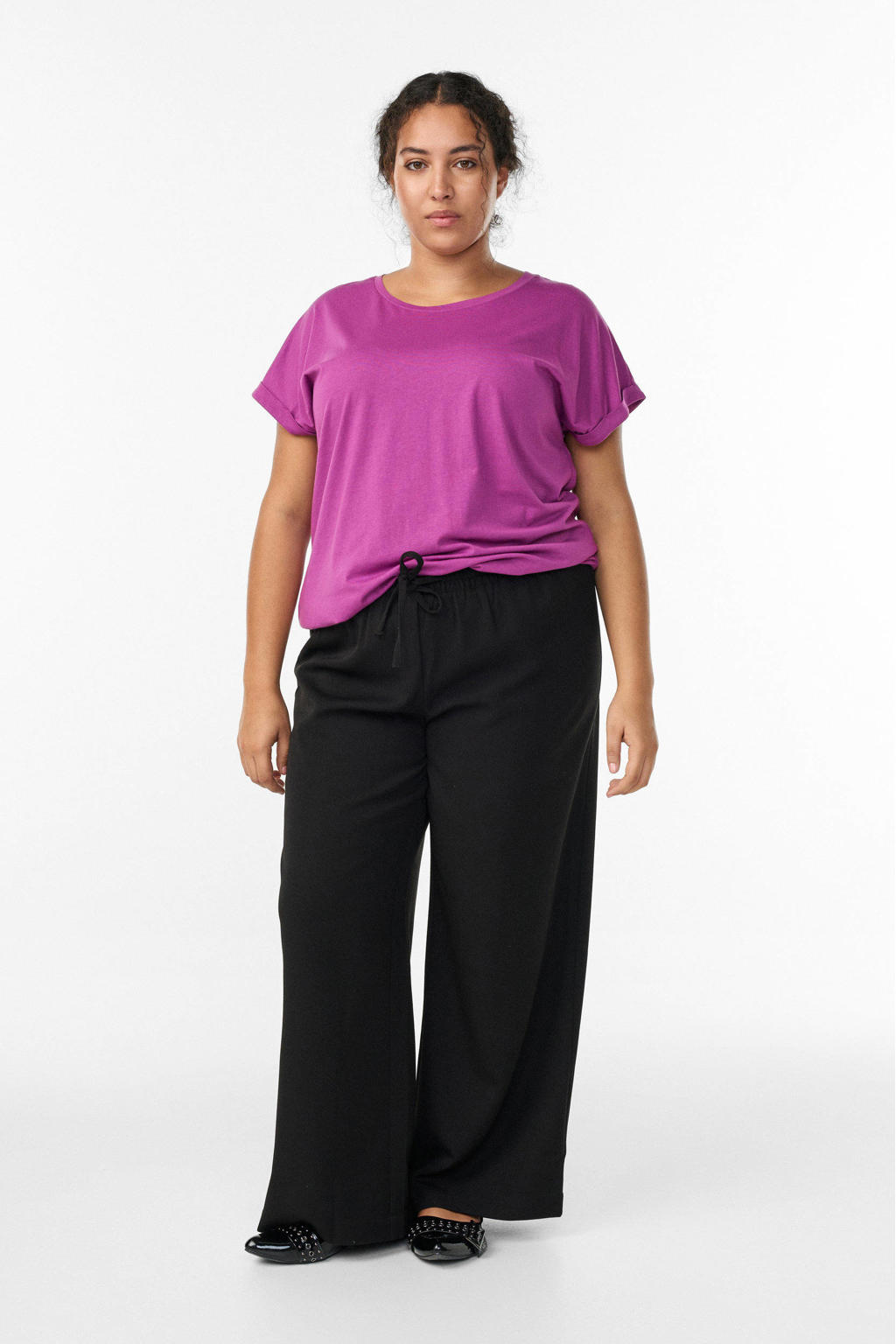 Fuchsia dames Zizzi T-shirt van katoen met effen, korte mouwen en ronde hals